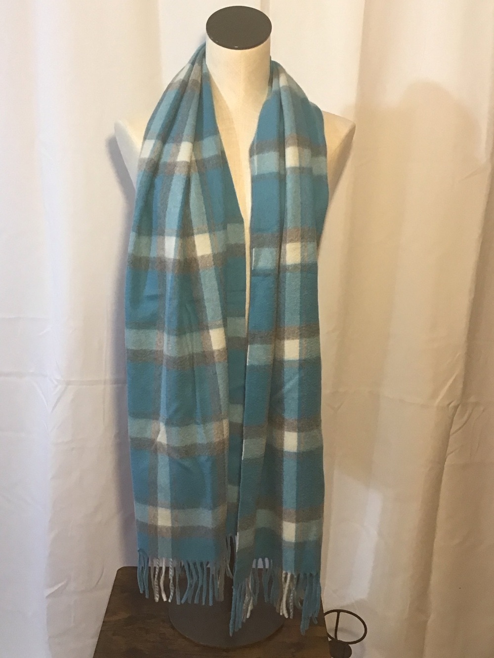 Talbots Teal, Gray & Cream Plaid Cashmere Scarf